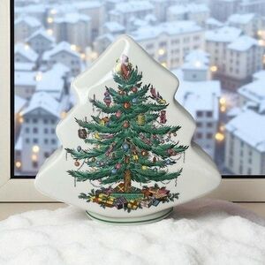 VTG Spode S3324 M White/Green Porcelain Christmas Tree Piggy Bank England 6"